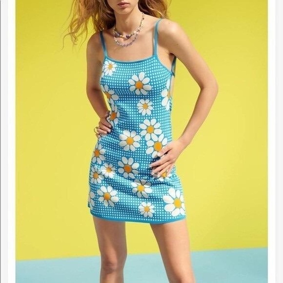 Zara Blue Gingham Daisy Knit Mini Dress Size Large - Picture 3 of 12